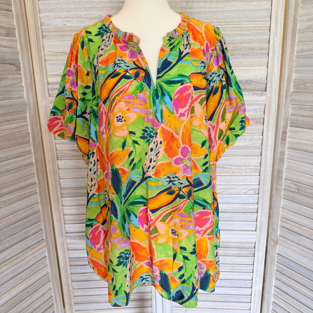 Bright Tropical Print Peasant Top | Split Neckline | Puff Sleeves | Size 2X
